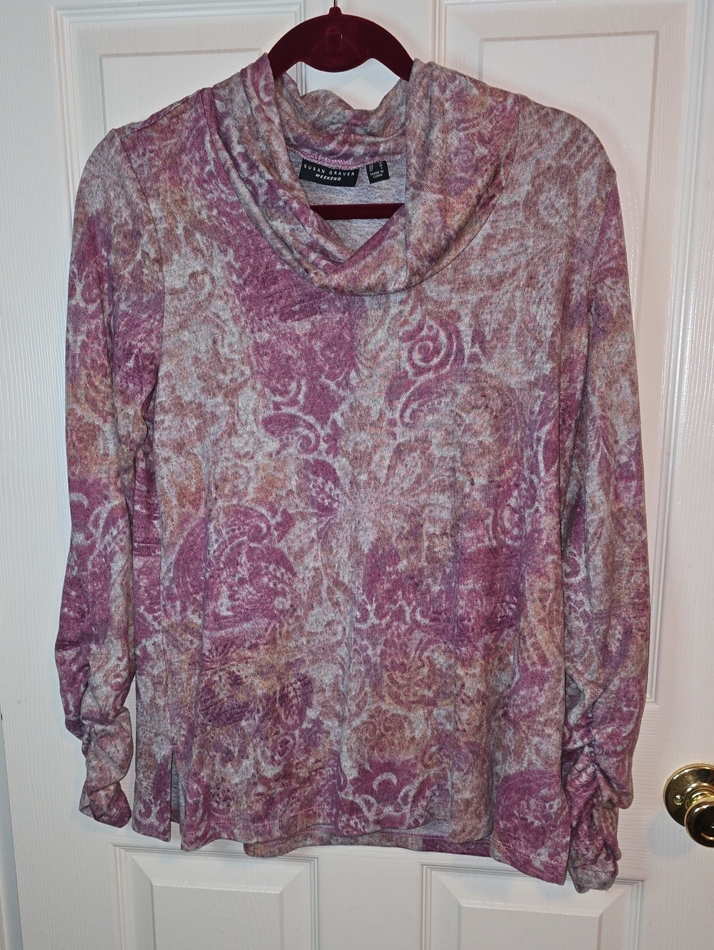 Susan Graver Pink and Cream Cowl-Neck Floral Sweater